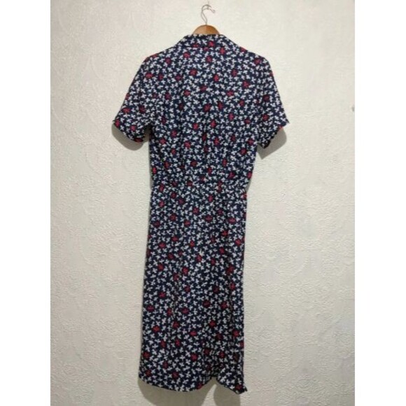 Secretary Blue White Patterned Tie Neck Dress S M Vintage 80s B39 Shirtdress - Picture 4 of 5